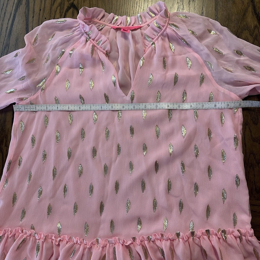 Lilly Pulitzer Tensley‎ Silk Top Pink Metallic Silver Gold Feathers Ruffles Sz S - Picture 13 of 15